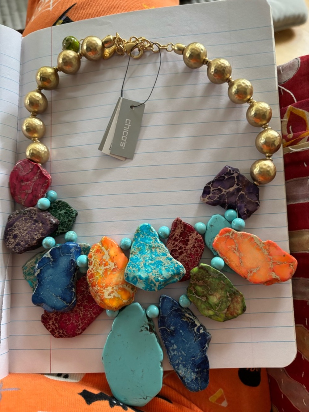 Chico's Colorful Chunky Stone & Gold Bead Necklace
